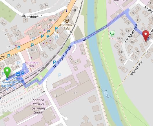 Landkarte mit dem Fußweg vom Bahnhof in Overath zum Gesangsstudio
