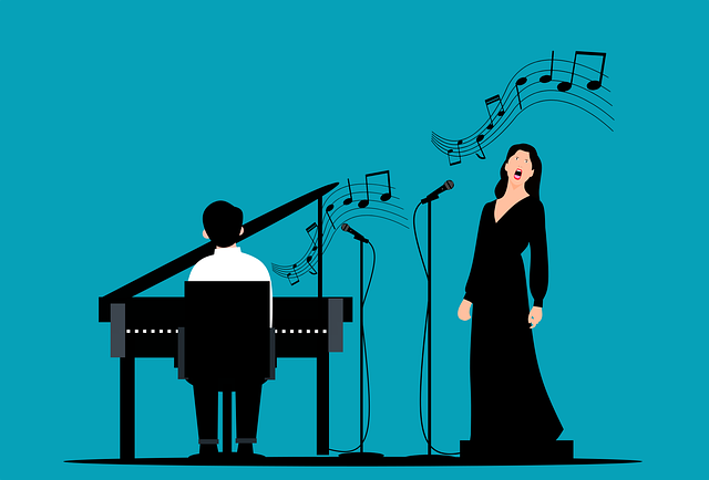 Eine Zeichnung einer Sängerin mit Mikrofon an neben einem Flügel mit Pianist.